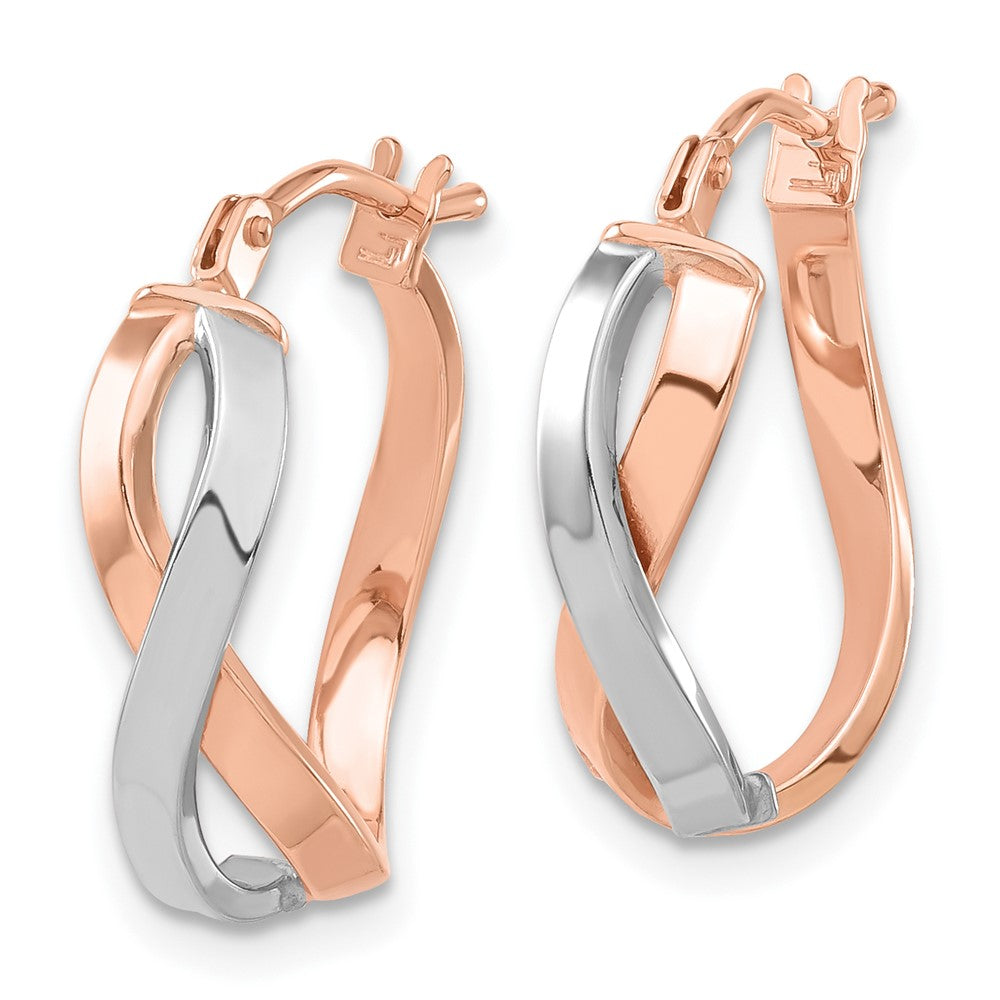 14K with White Rhodium and Rose Gold Plating Polished Hinged Hoop Earrings