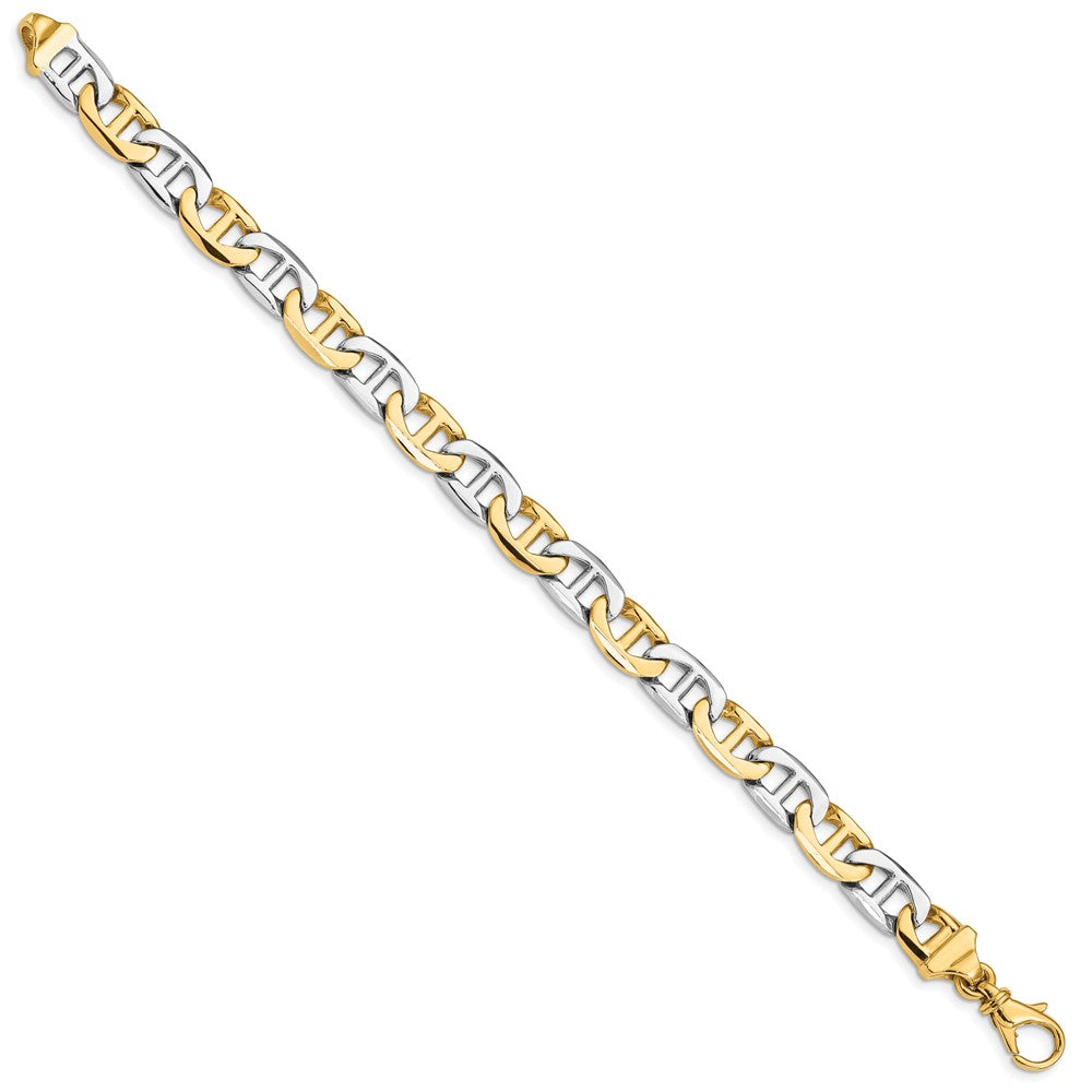 14K Two-tone 8 inch 8mm Hand Polished Fancy Flat Anchor Link with Fancy Lobster Clasp Bracelet