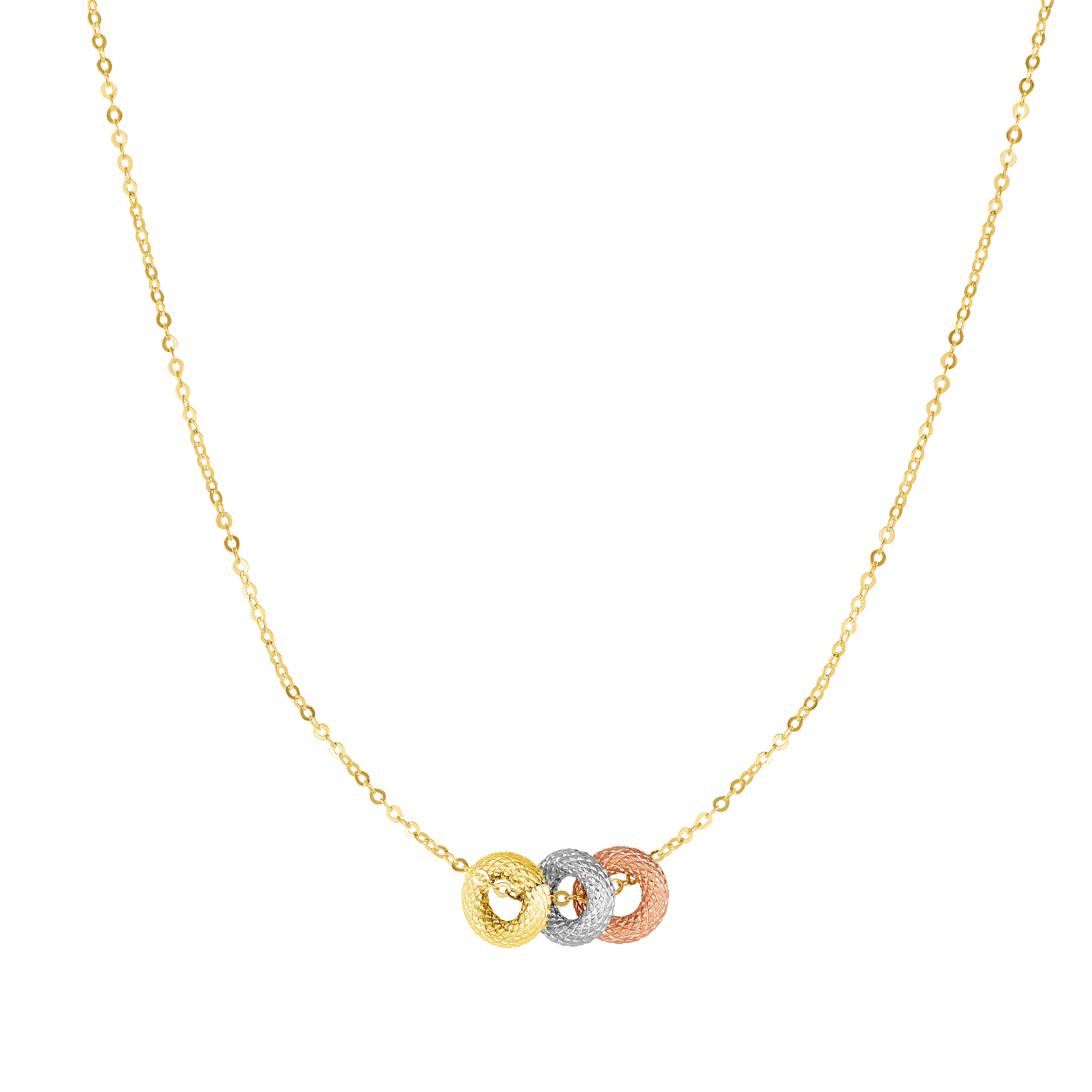 14K Tri-color Gold 18" Diamond Cut 3 Ring Necklace