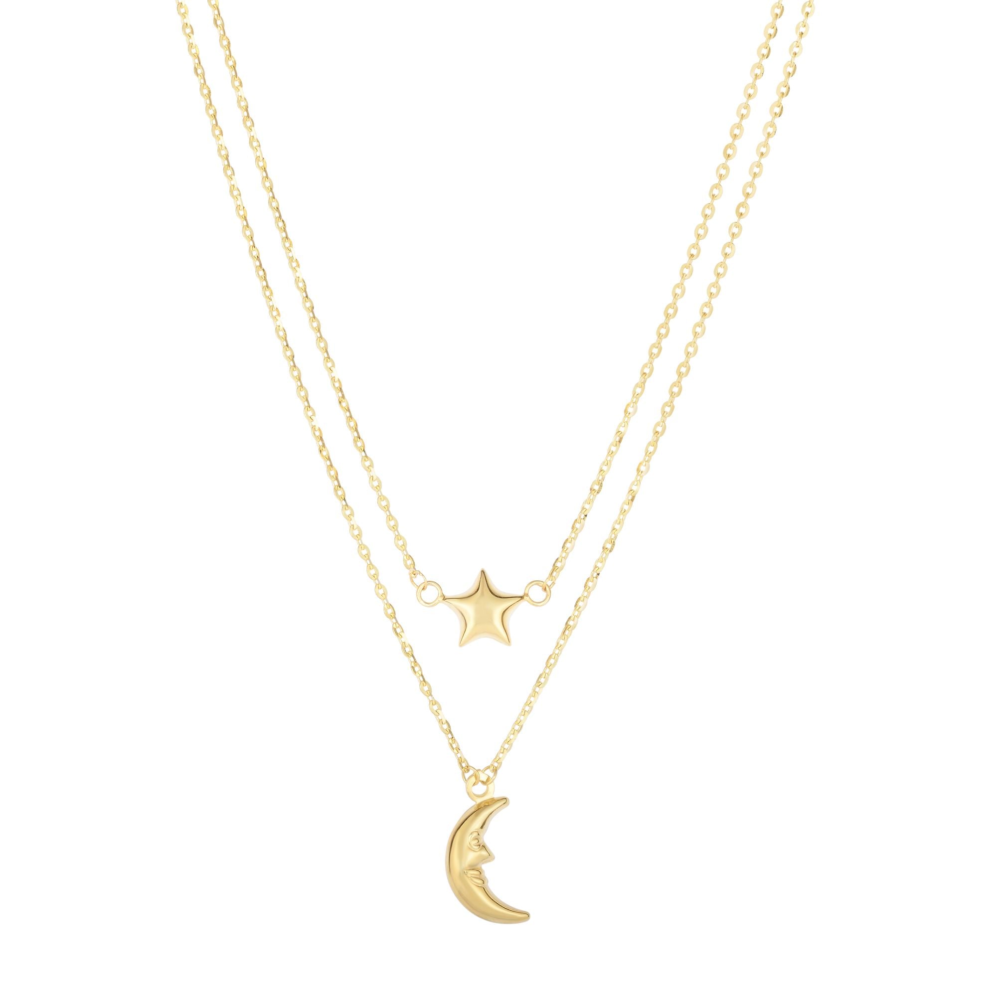 14K Yellow Gold 18" Polished Moon & Star Multi-Strand Necklace