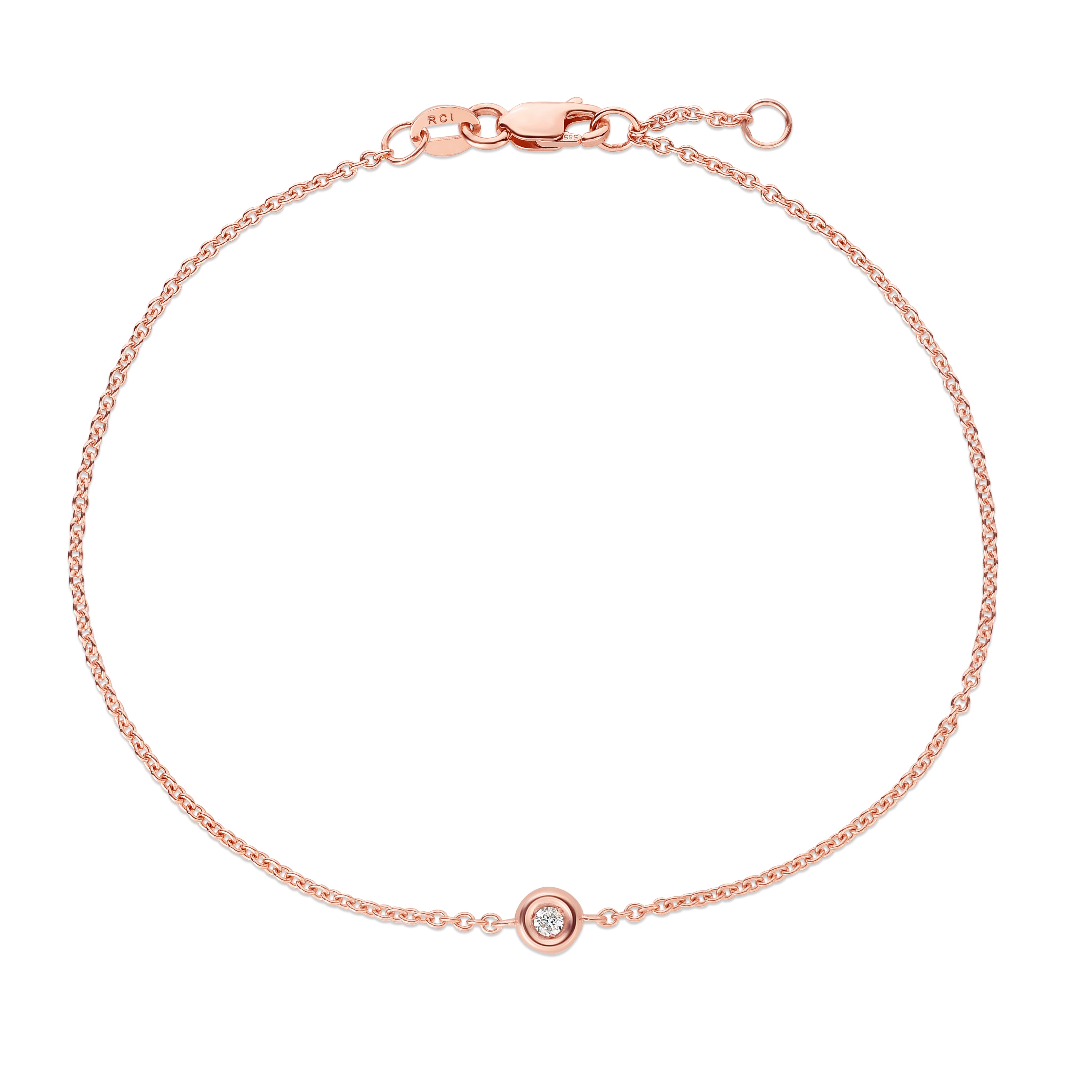 14K Rose Gold .02ct Diamond Solitaire 7" Bracelet with Lobster Clasp. Includes 6.5" extender.