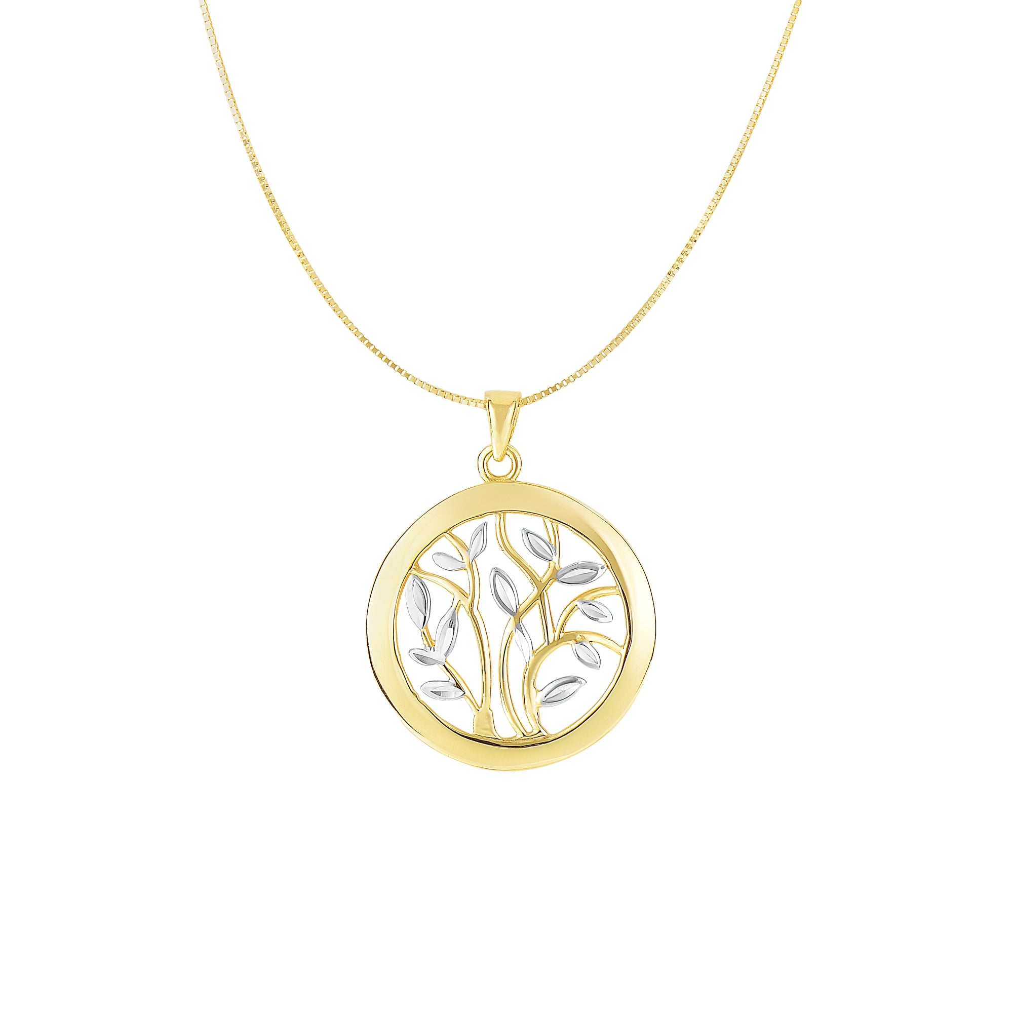 14K Yellow & White Gold 18" Tree of Life Polished Circle Necklace