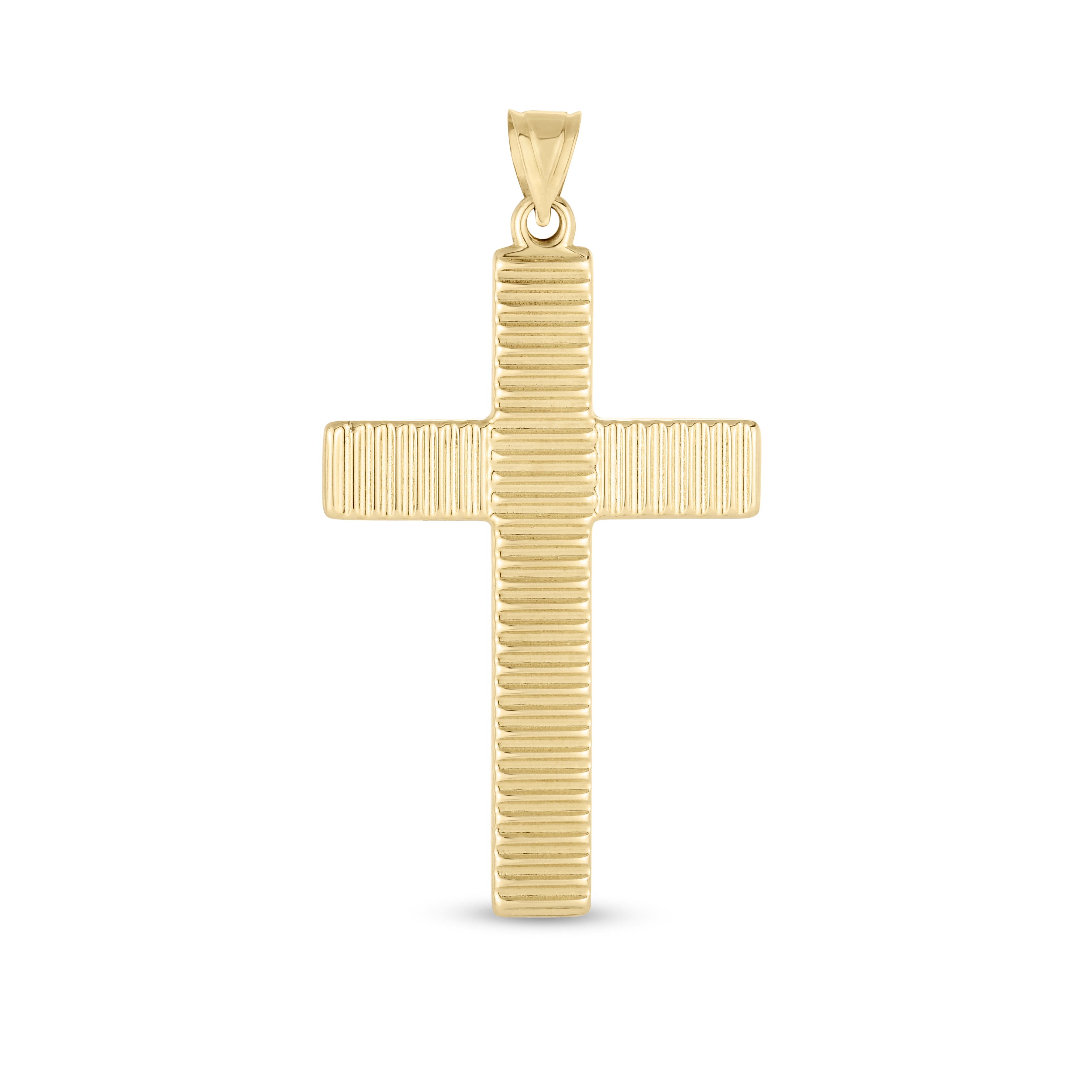 14K Yellow Gold Textured Stripe Cross Pendant. Sold Individually. Pair it with any of our basic chains.