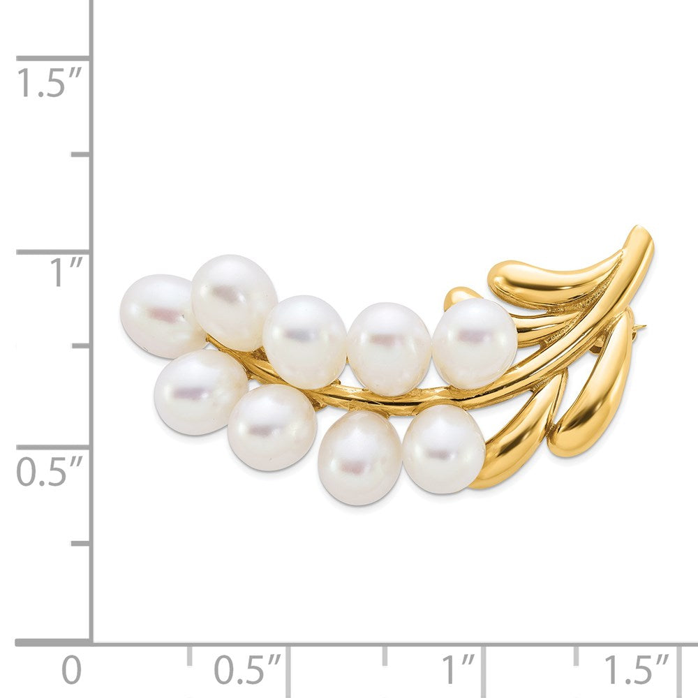 14k Polished Cluster 5-6mm White Rice Freshwater Cultured Pearl Pin Brooch