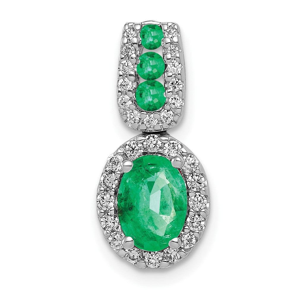 14K White Gold Lab Grown VS/SI FGH Dia and Created Emerald Oval Halo Pendan