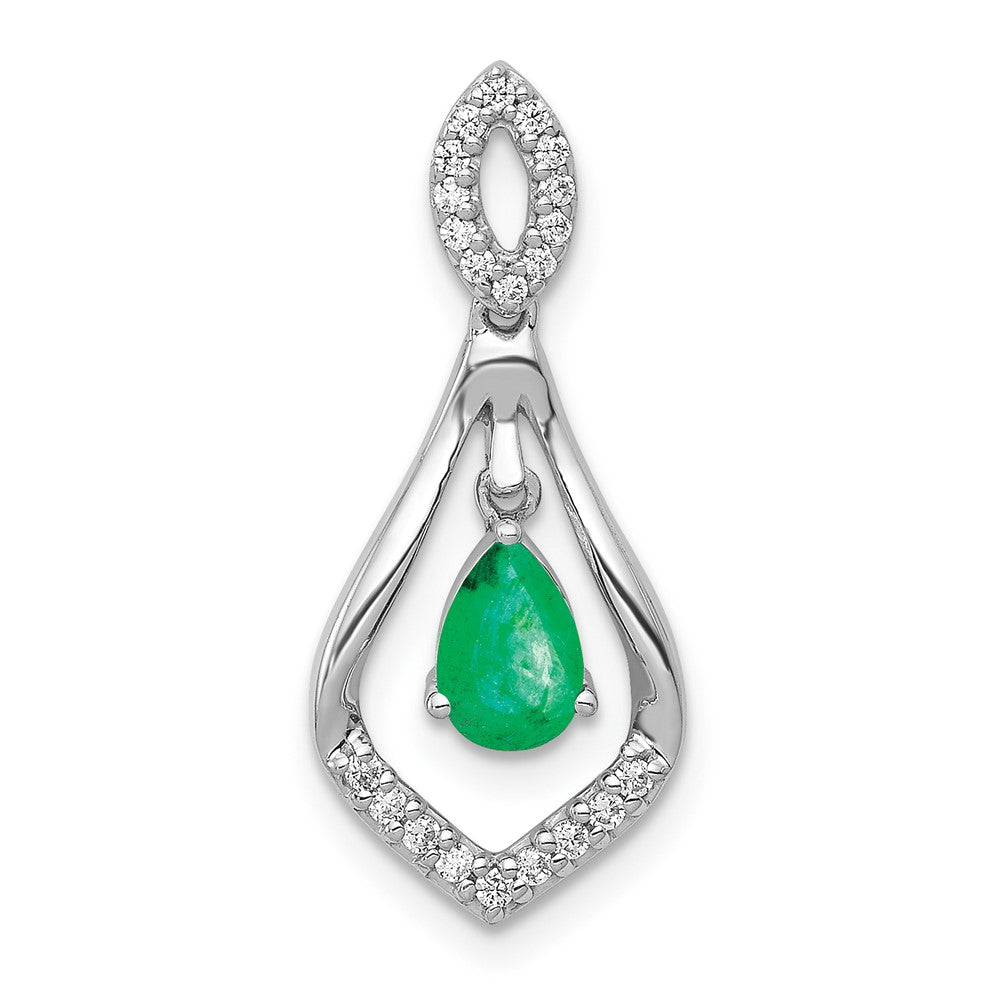 14K White Gold Lab Grown VS/SI FGH Dia and Created Emerald Dangle Pendant