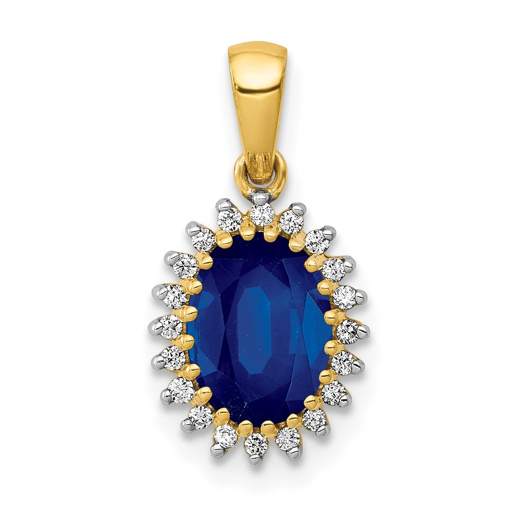 14K Lab Grown VS/SI FGH Dia and Oval Created Blue Sapphire Pendant