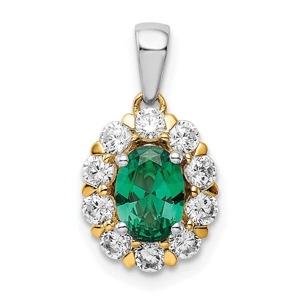 14K Two-Tone Lab Grown VS/SI FGH Dia and Created Emerald Pendant