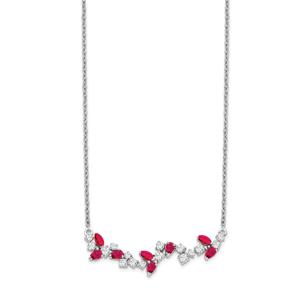 14K White Gold Lab Grown VS/SI FGH Dia and Created Ruby Floral Bar Necklace