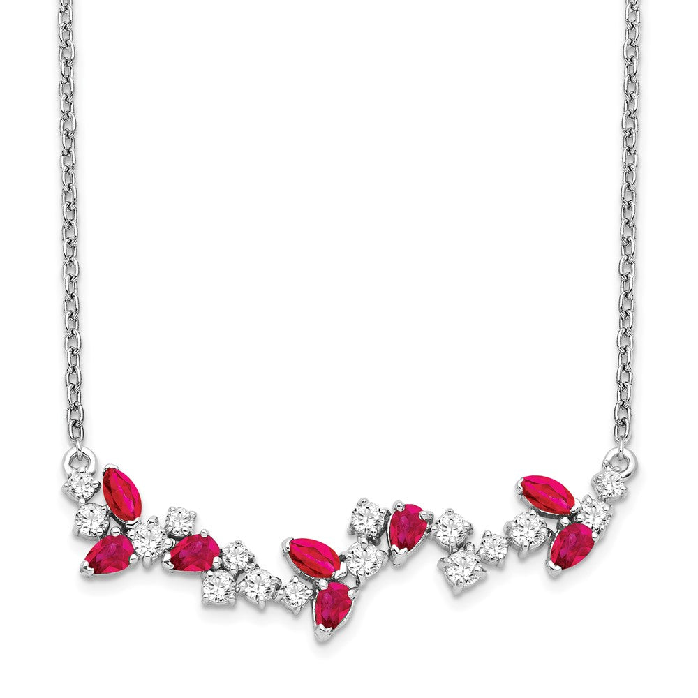 14K White Gold Lab Grown VS/SI FGH Dia and Created Ruby Floral Bar Necklace