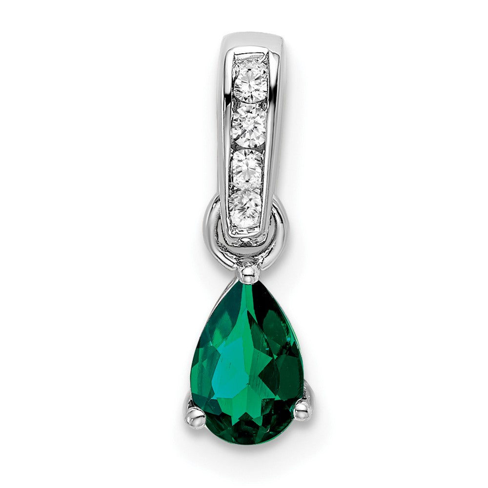 14K White Gold Lab Grown VS/SI FGH Dia and Created Emerald Pendant