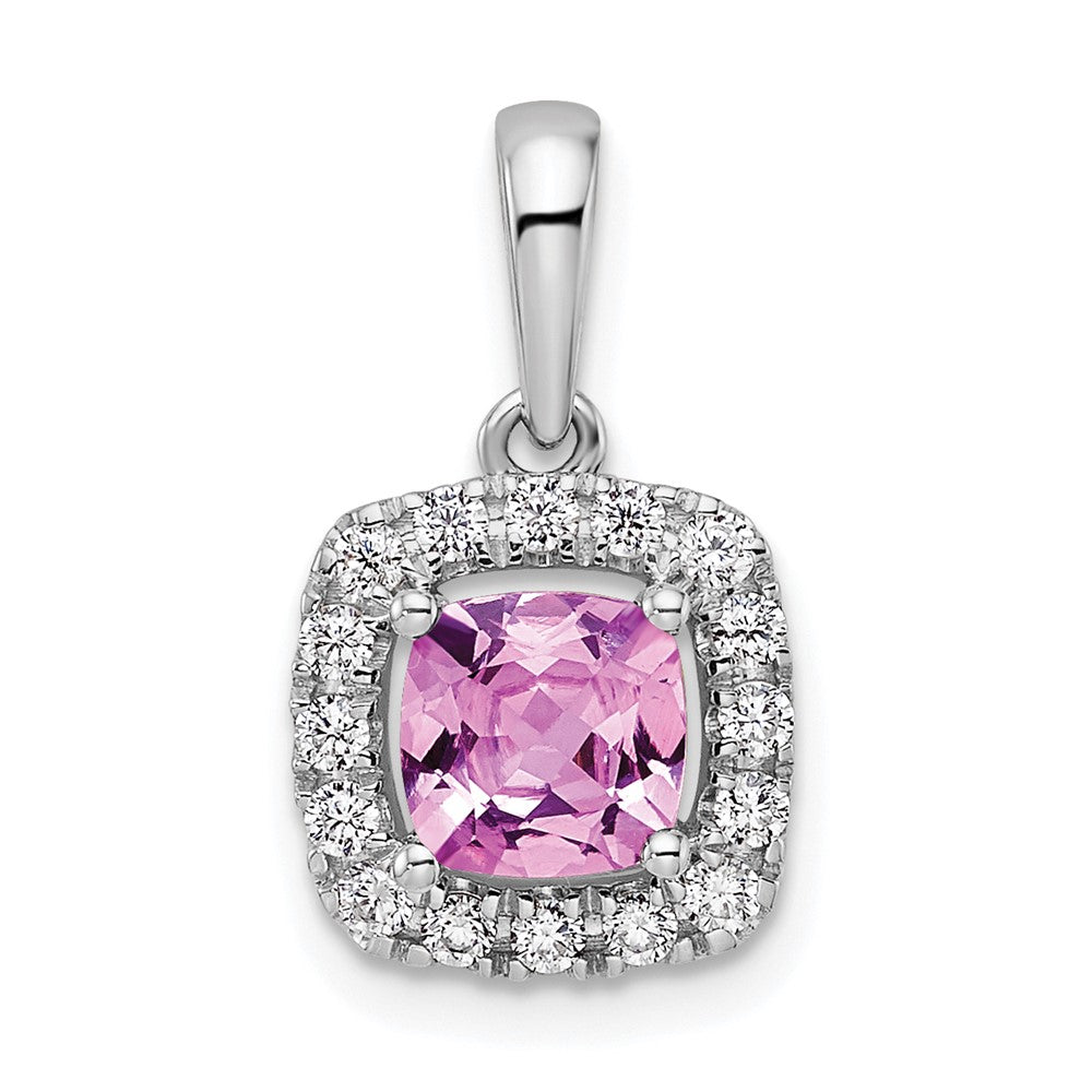 14K White Gold Lab Grown VS/SI FGH Dia and Created Pink Sapphire Halo Penda