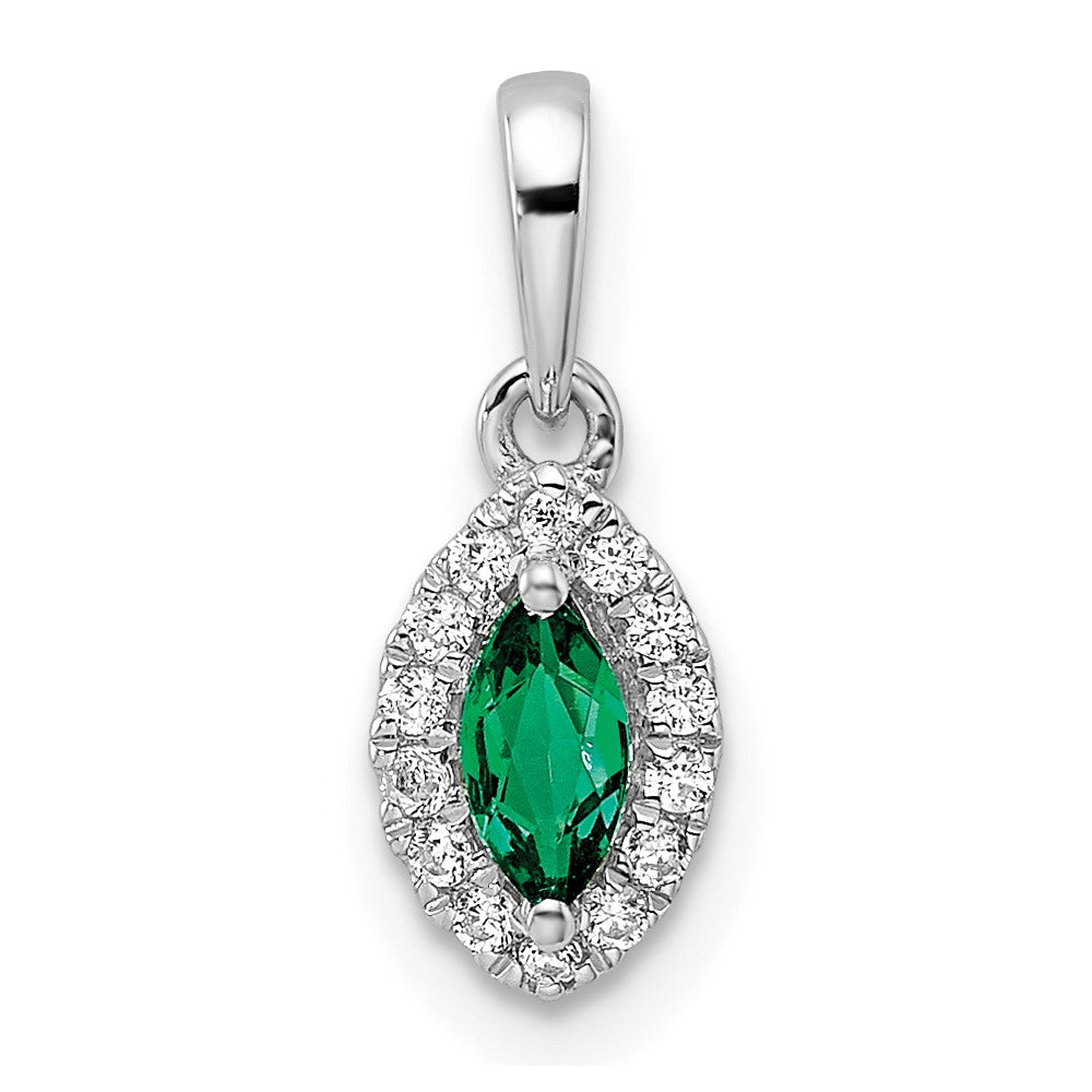 14K White Gold Lab Grown VS/SI FGH Dia and Created Emerald Pendant