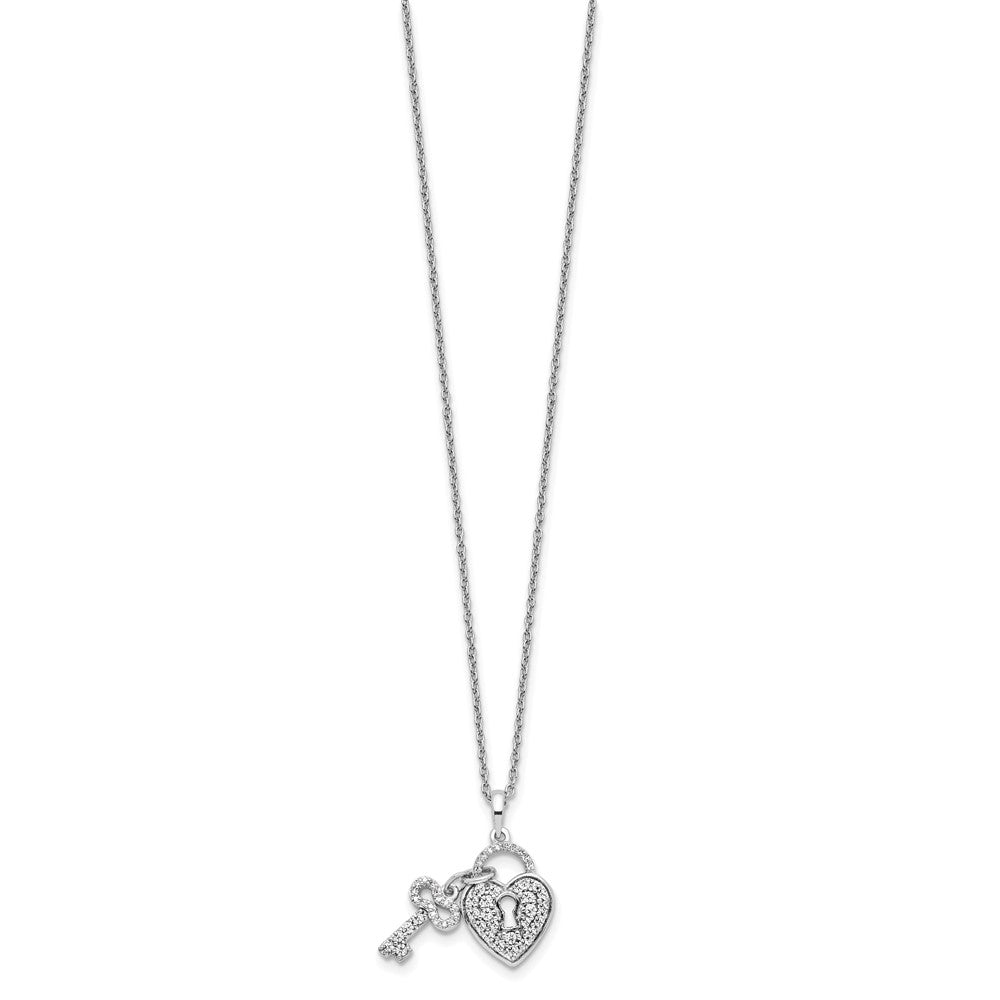 14K White Lab Grown VS/SI FGH Dia Heart Lock and Key Pendant Necklace