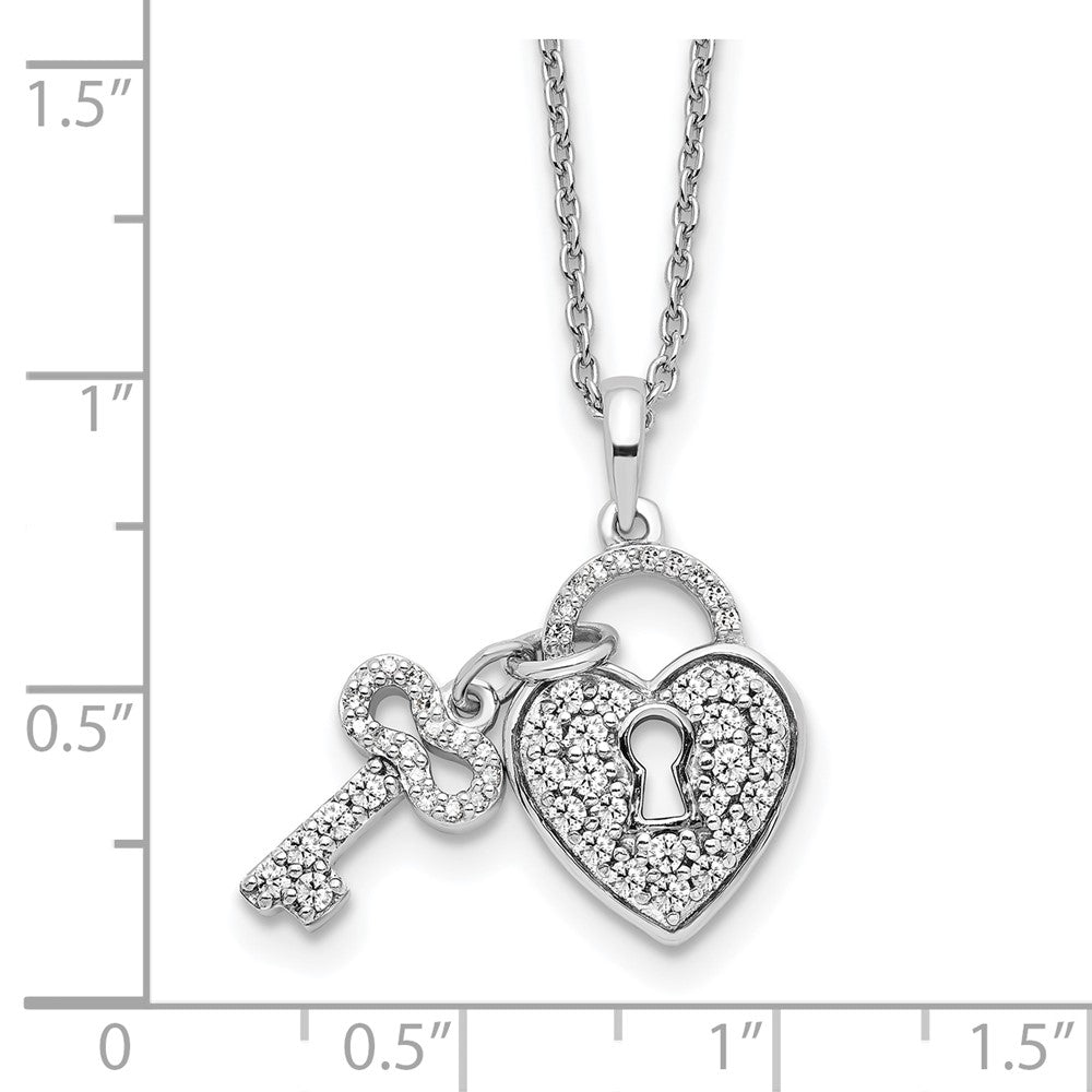 14K White Lab Grown VS/SI FGH Dia Heart Lock and Key Pendant Necklace