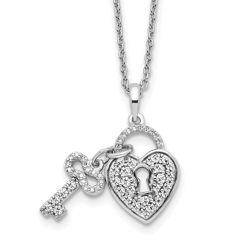 14K White Lab Grown VS/SI FGH Dia Heart Lock and Key Pendant Necklace