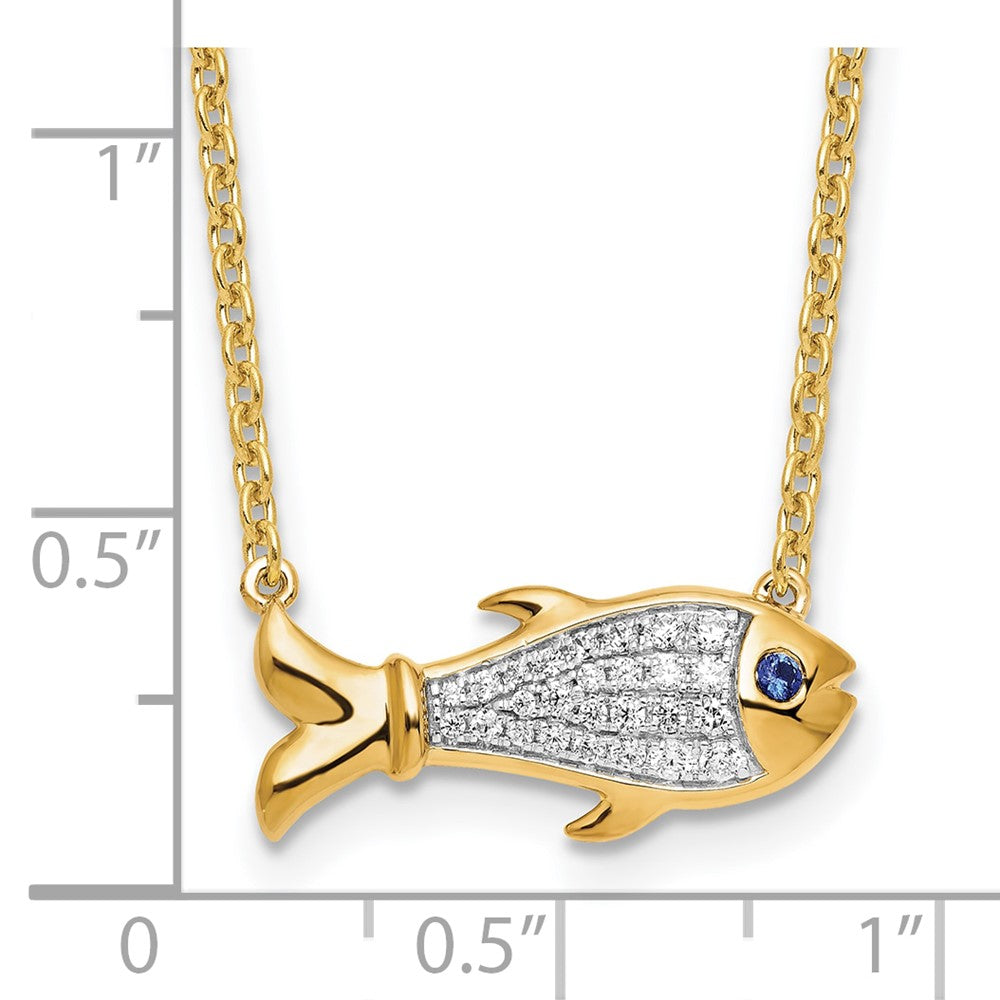 14K Lab Grown VS/SI FGH Dia and Created Blue Sapphire Fish Necklace