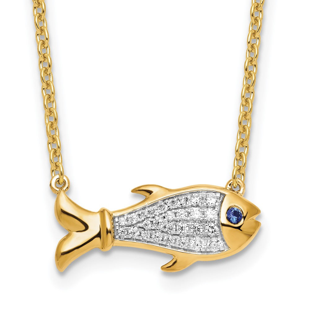 14K Lab Grown VS/SI FGH Dia and Created Blue Sapphire Fish Necklace