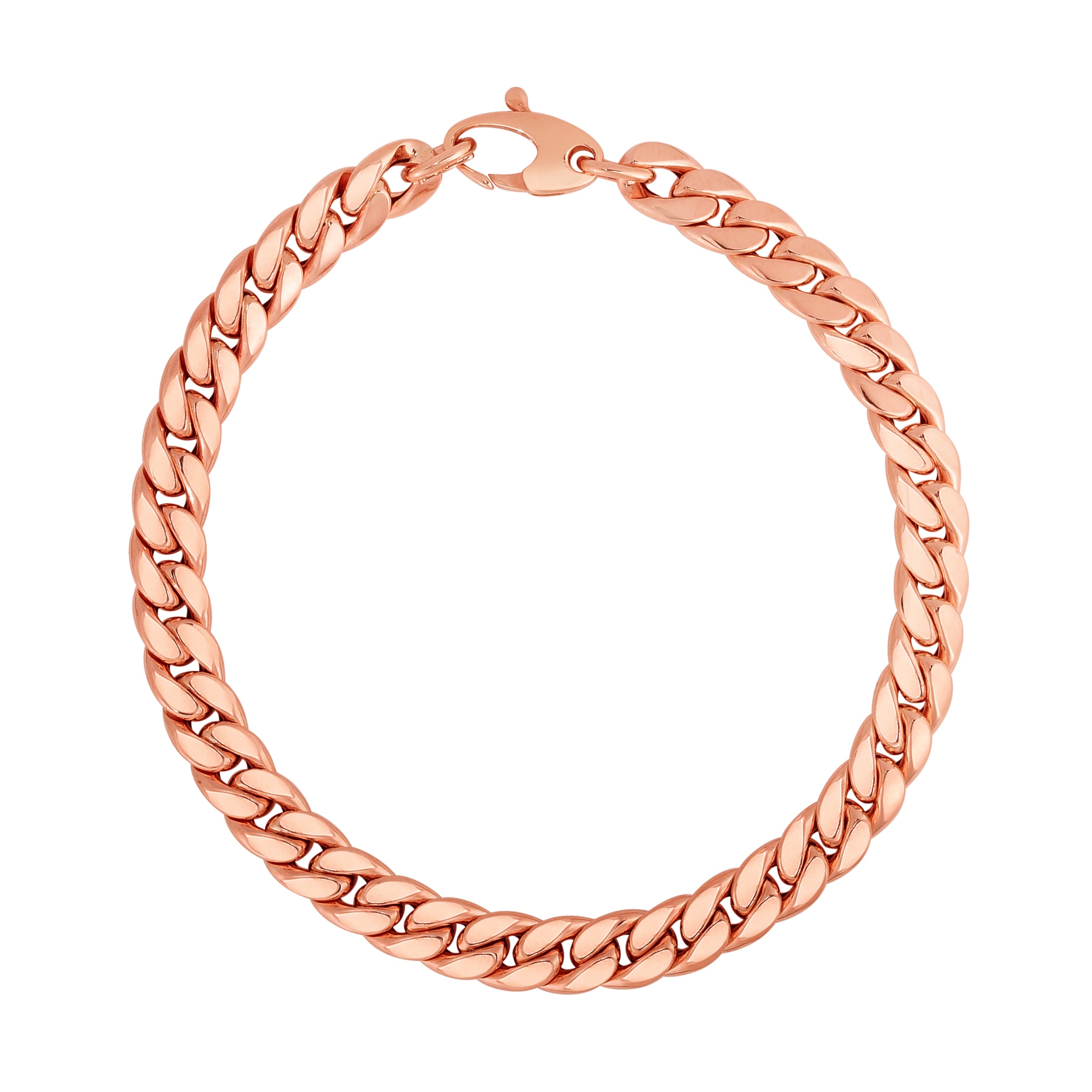 14K Rose Gold Classic Cuban Link 7.25" Bracelet with Lobster Clasp.