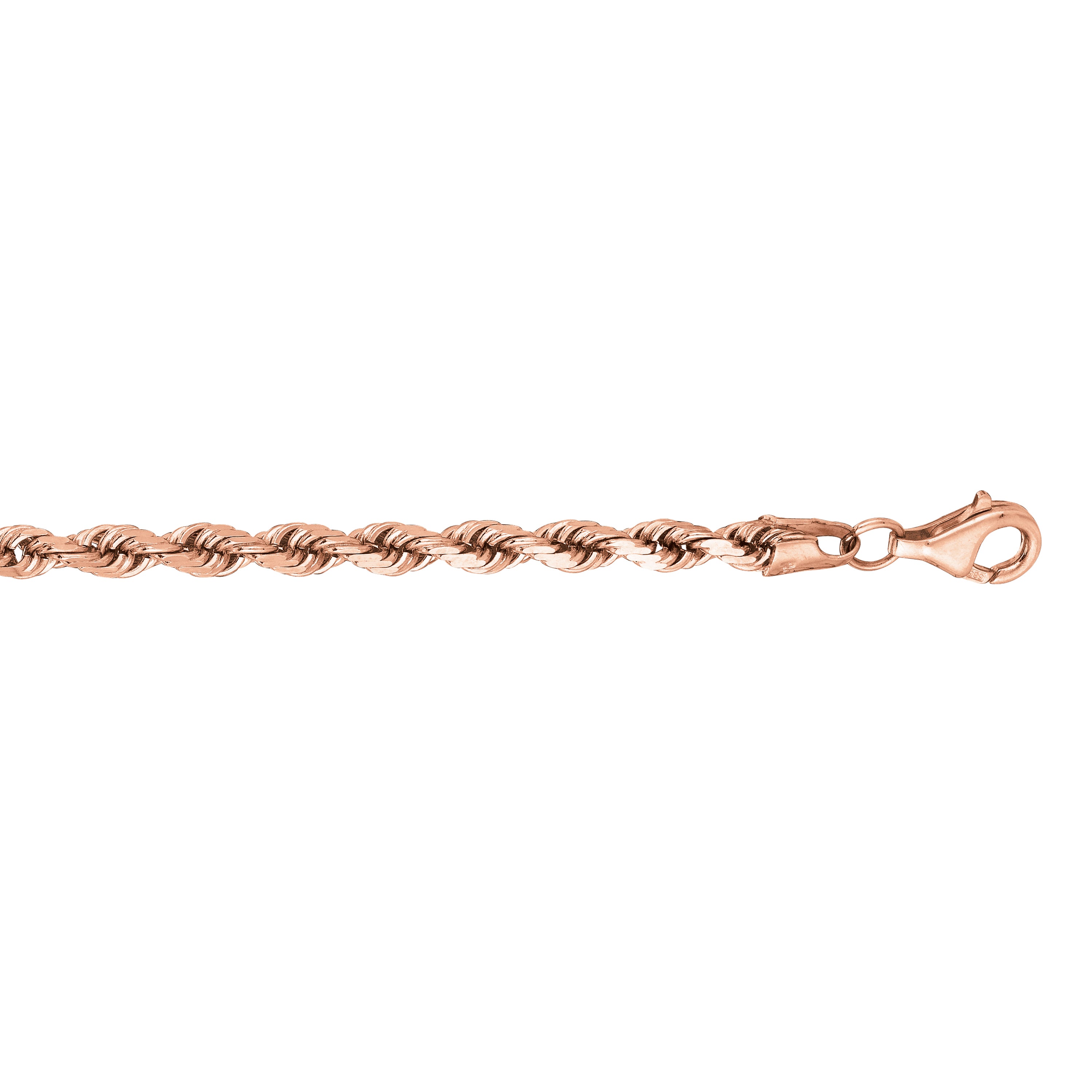 14K Rose Gold 8.5" 4mm Classic Diamond Cut Twisted Solid Diamond Cut Rope Bracelet with Lobster Clasp