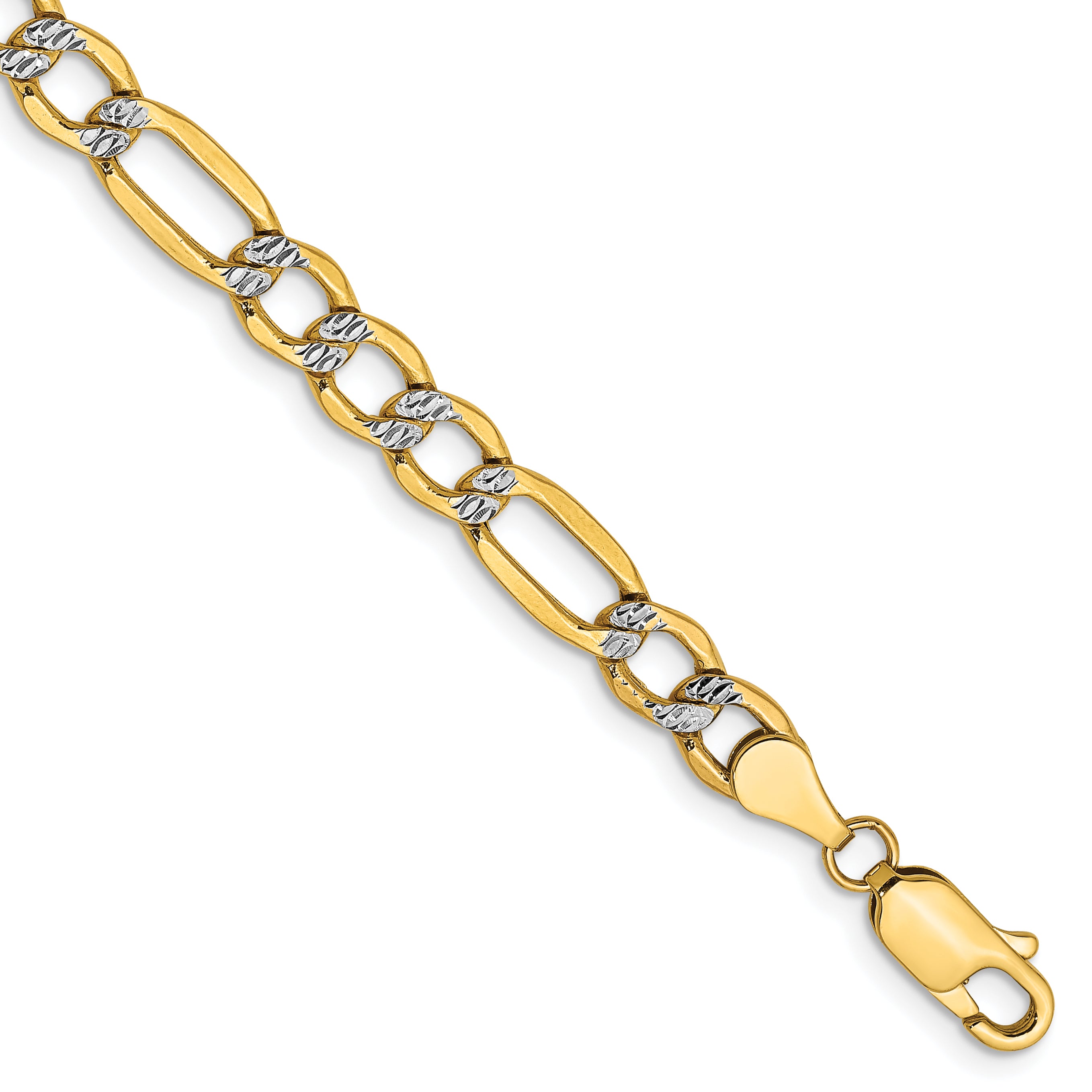 14K 8 inch 5.25mm Semi-Solid with Rhodium Pava Figaro with Lobster Clasp Bracelet