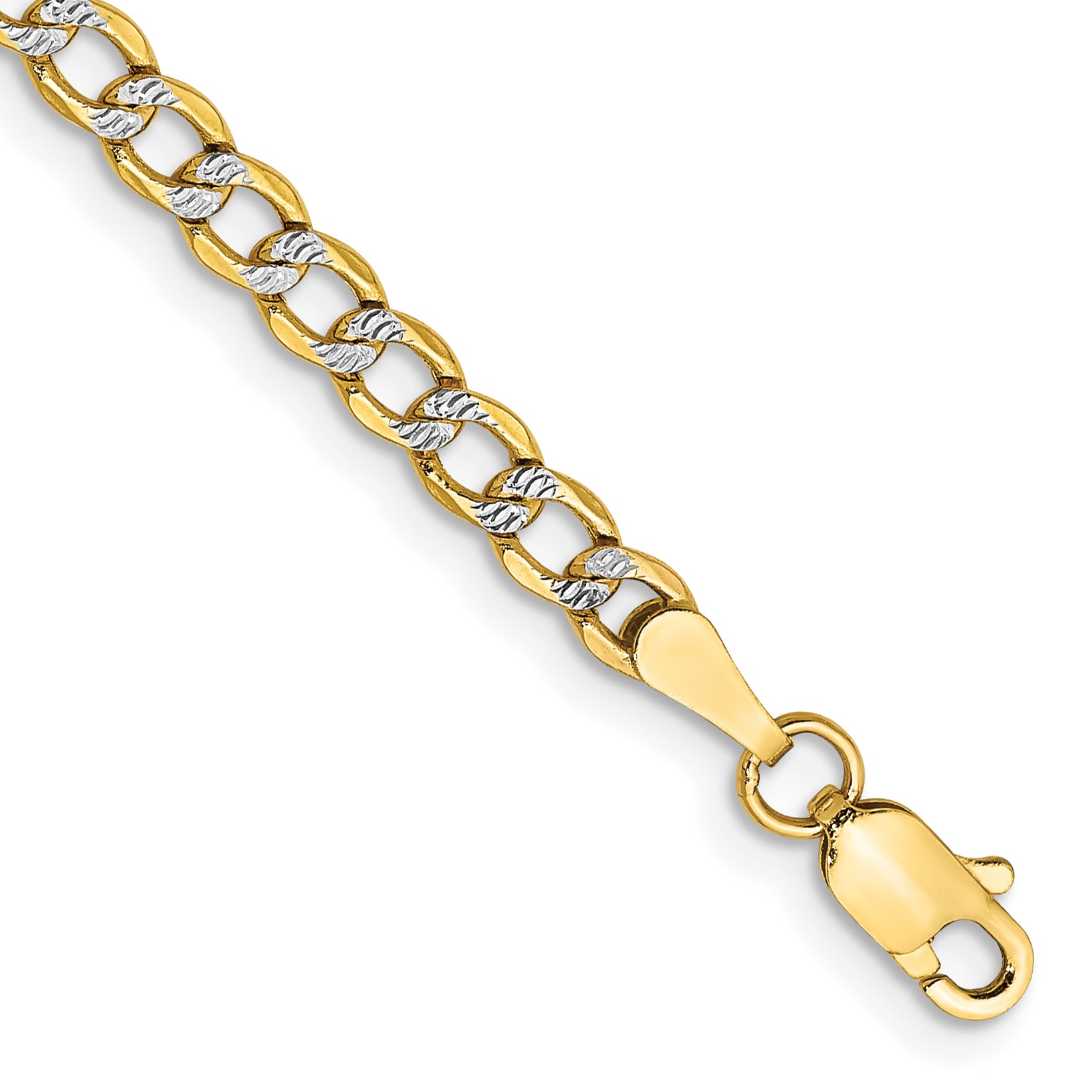 14K 8 inch 3.4mm Semi-Solid with Rhodium Pava Curb with Lobster Clasp Bracelet