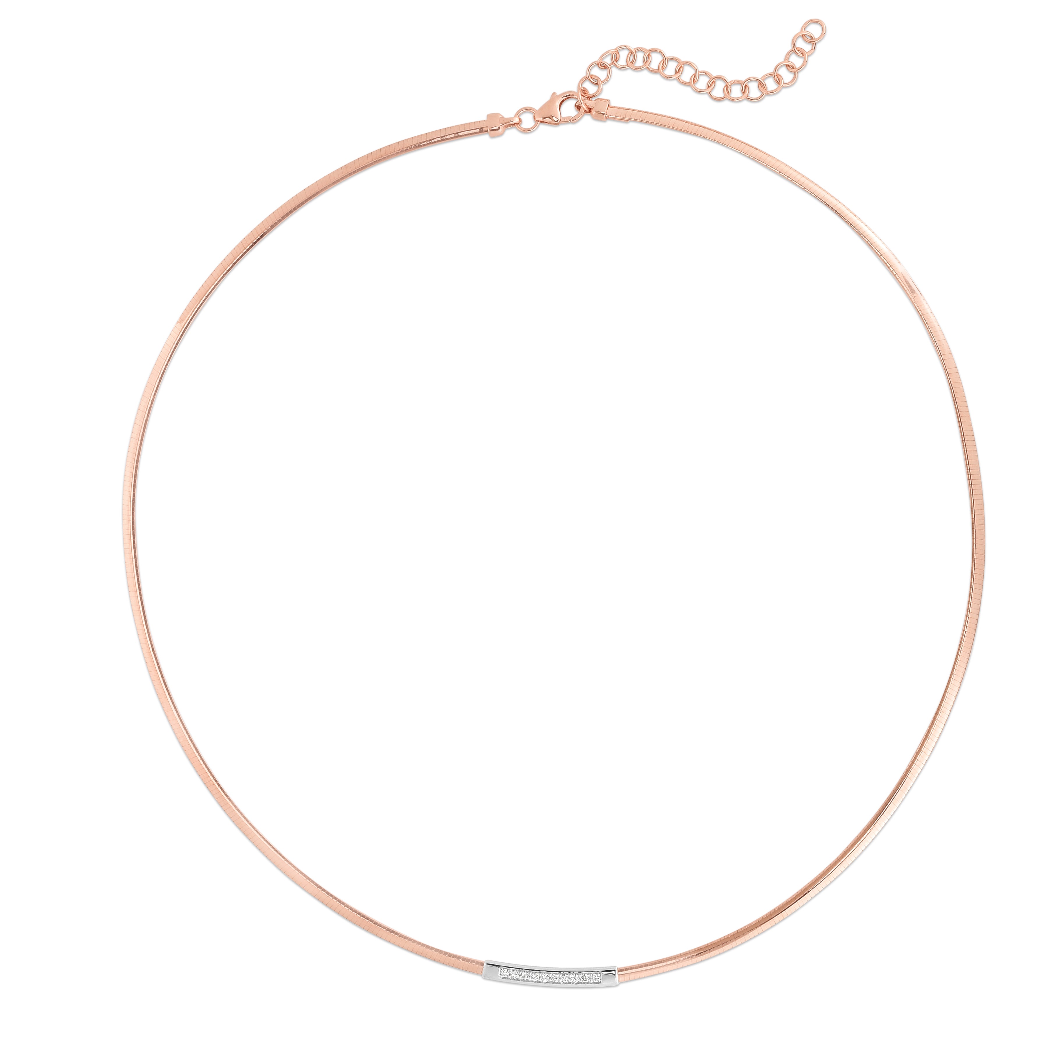 14K Rose Gold Skinny Omega .08ct Diamond Bar Necklace with Lobster Clasp. 18" Total length with 2" extender included.