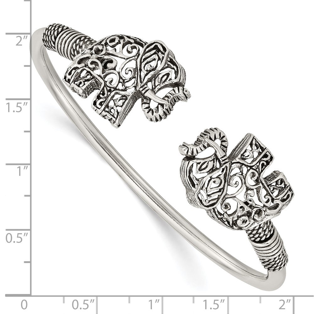 Sterling Silver Polished Antiqued Filigree Elephants Flexible Bangle