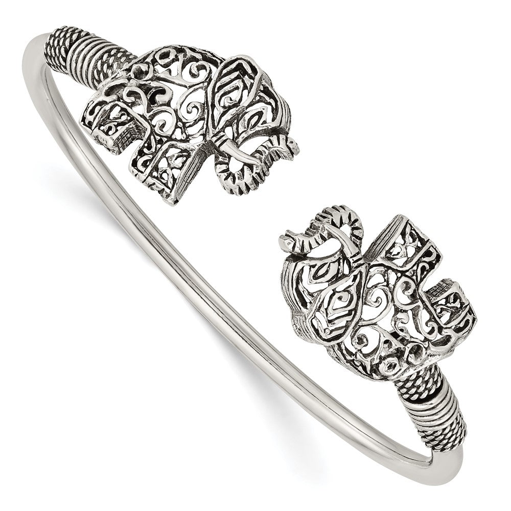 Sterling Silver Polished Antiqued Filigree Elephants Flexible Bangle