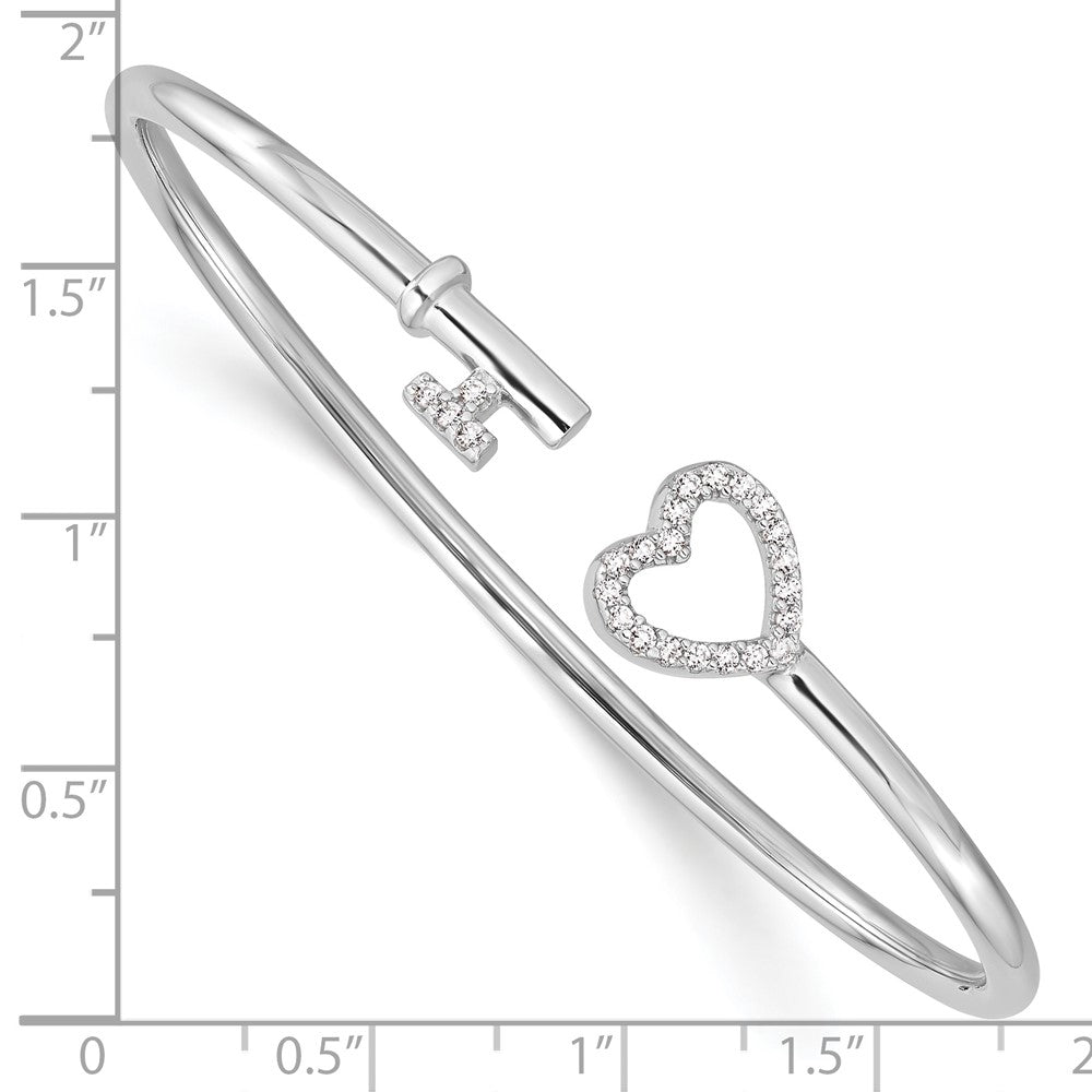 Sterling Silver Rhodium-plated CZ Heart and Key Flexible Bangle