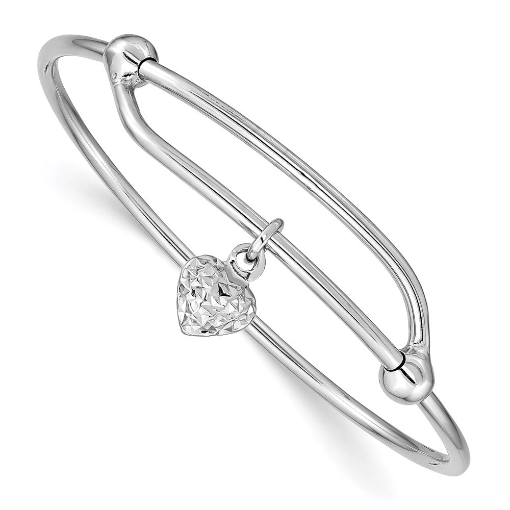 Sterling Silver RH-plated Polished & D/C Heart Adjustable Baby Bangle