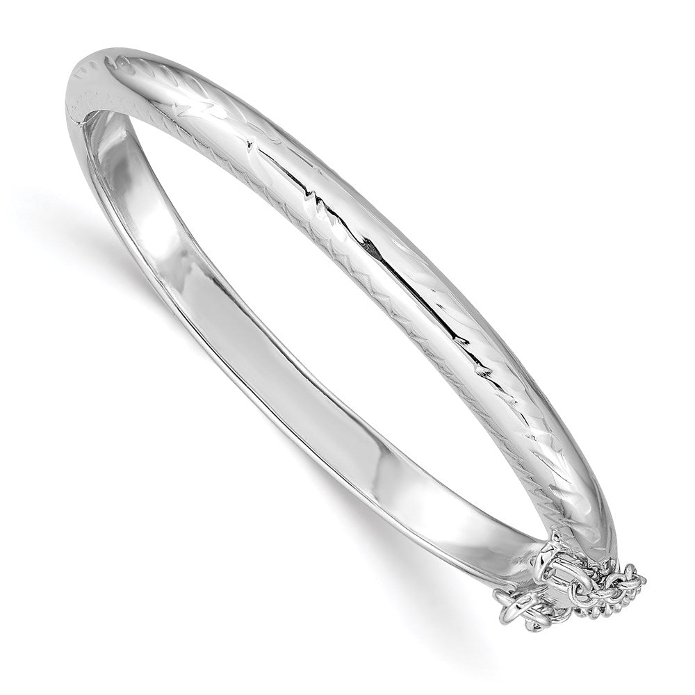 Sterling Silver Rhodium-plated Polished & Diamond-cut 4mm with Safety Clasp Hinged Children's Bangle