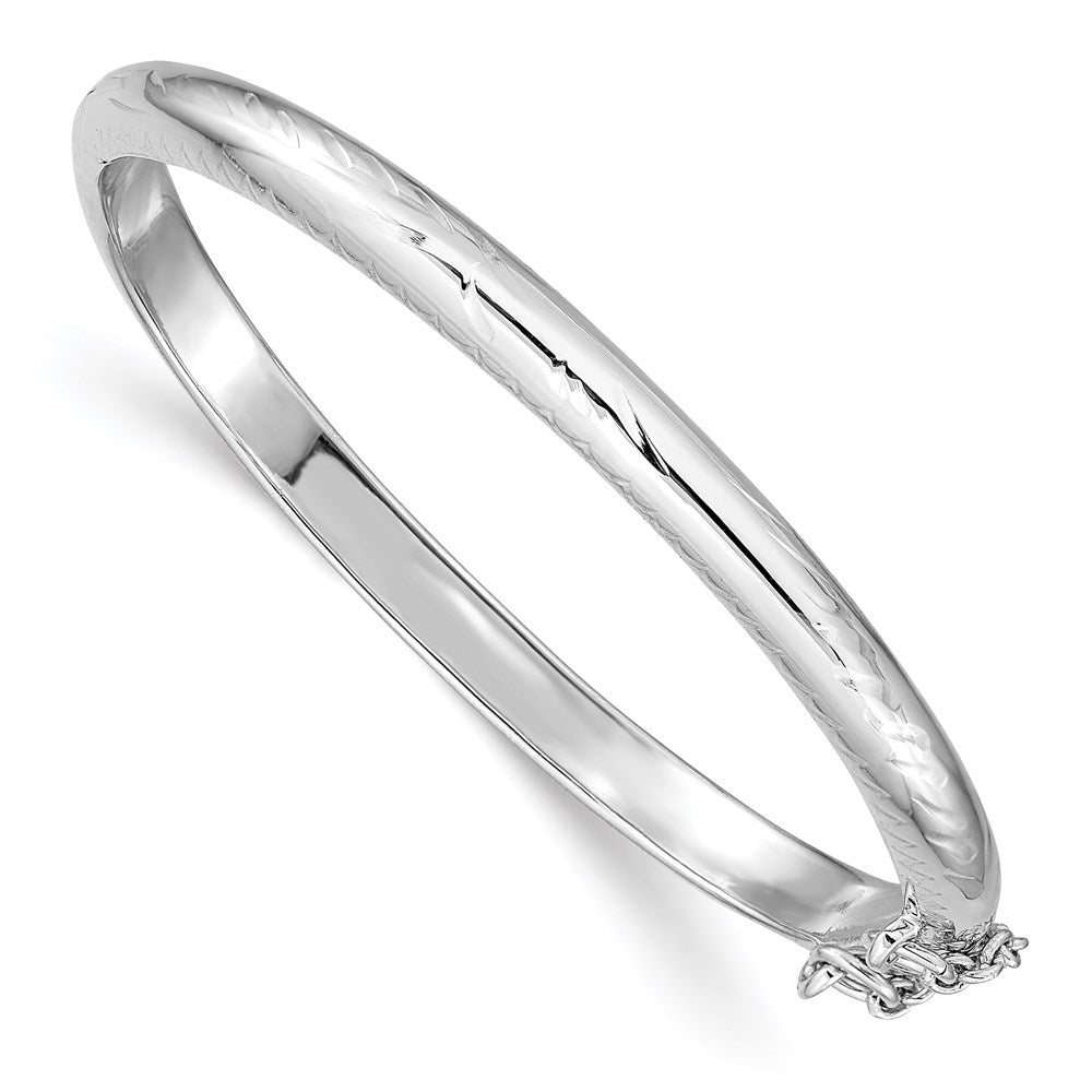 Sterling Silver Rhodium-plated Polished & Diamond-cut 4mm with Safety Clasp Hinged Children's Bangle