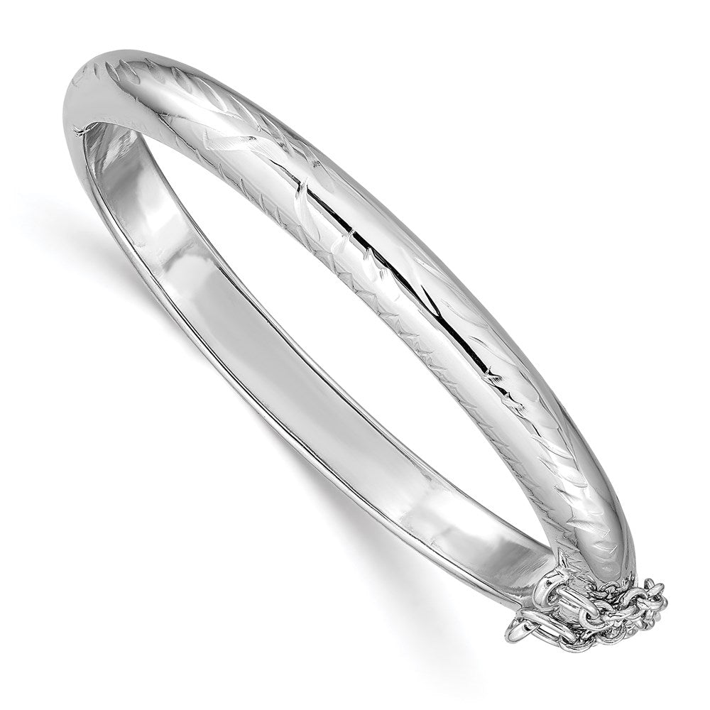 Sterling Silver Rhodium-plated Polished & Diamond-cut 5mm with Safety Clasp Hinged Children's Bangle