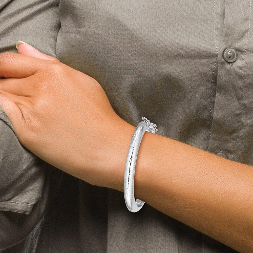 Sterling Silver Rhodium-plated Polished & Diamond-cut 5mm with Safety Clasp Hinged Children's Bangle