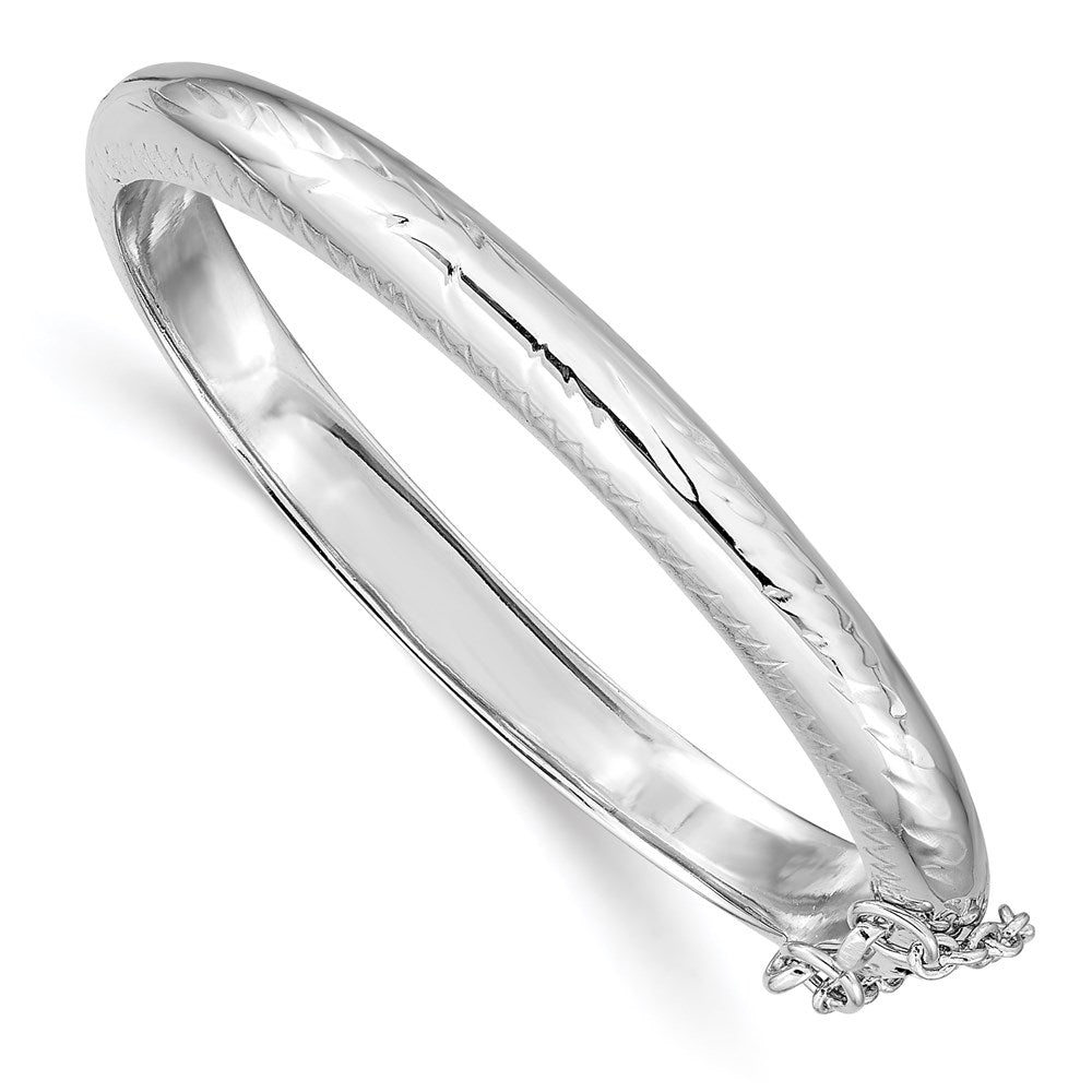 Sterling Silver Rhodium-plated Polished & Diamond-cut 5mm with Safety Clasp Hinged Children's Bangle