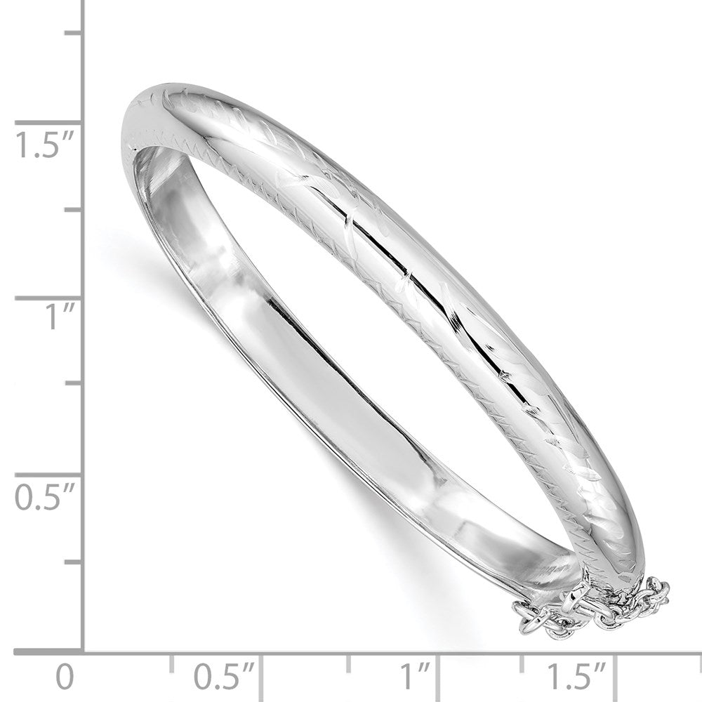 Sterling Silver Rhodium-plated Polished & Diamond-cut 5mm with Safety Clasp Hinged Children's Bangle