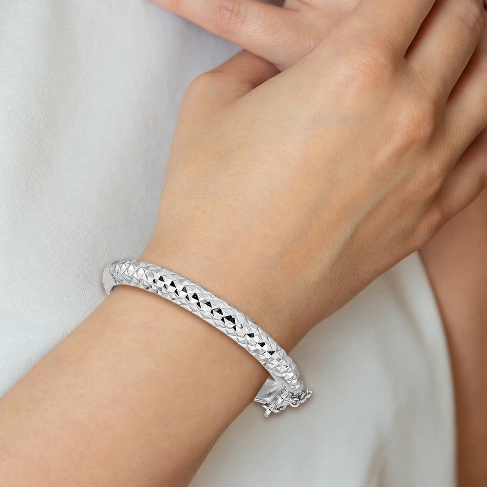 Sterling Silver Rhodium-plated Polished & Diamond-cut 5.5mm with Safety Clasp Hinged Children's Bangle