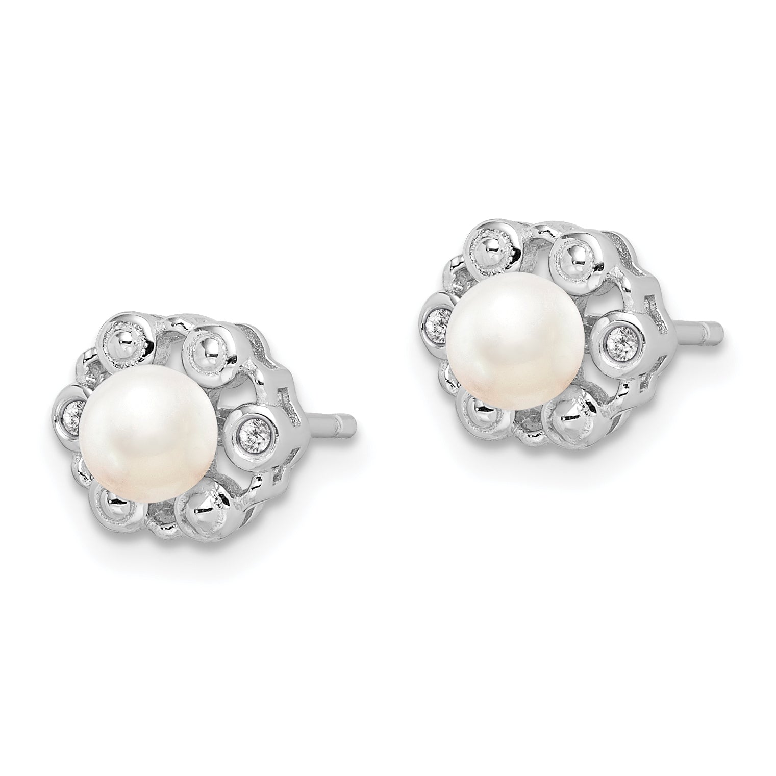 Sterling Silver Rhodium-plated FW Cultured Pearl & Diam. Earrings QBE22JUN