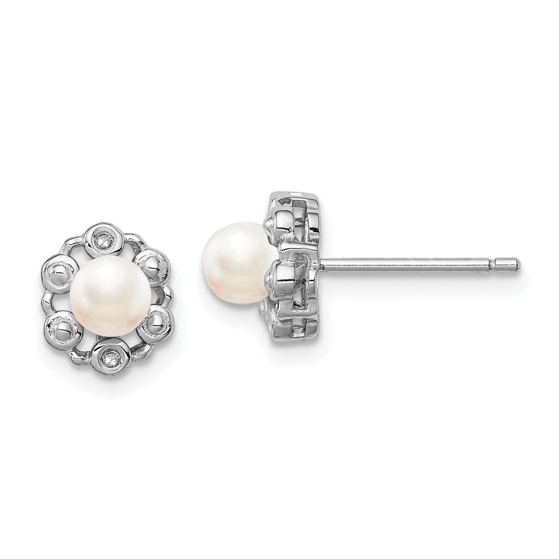 Sterling Silver Rhodium-plated FW Cultured Pearl & Diam. Earrings QBE22JUN