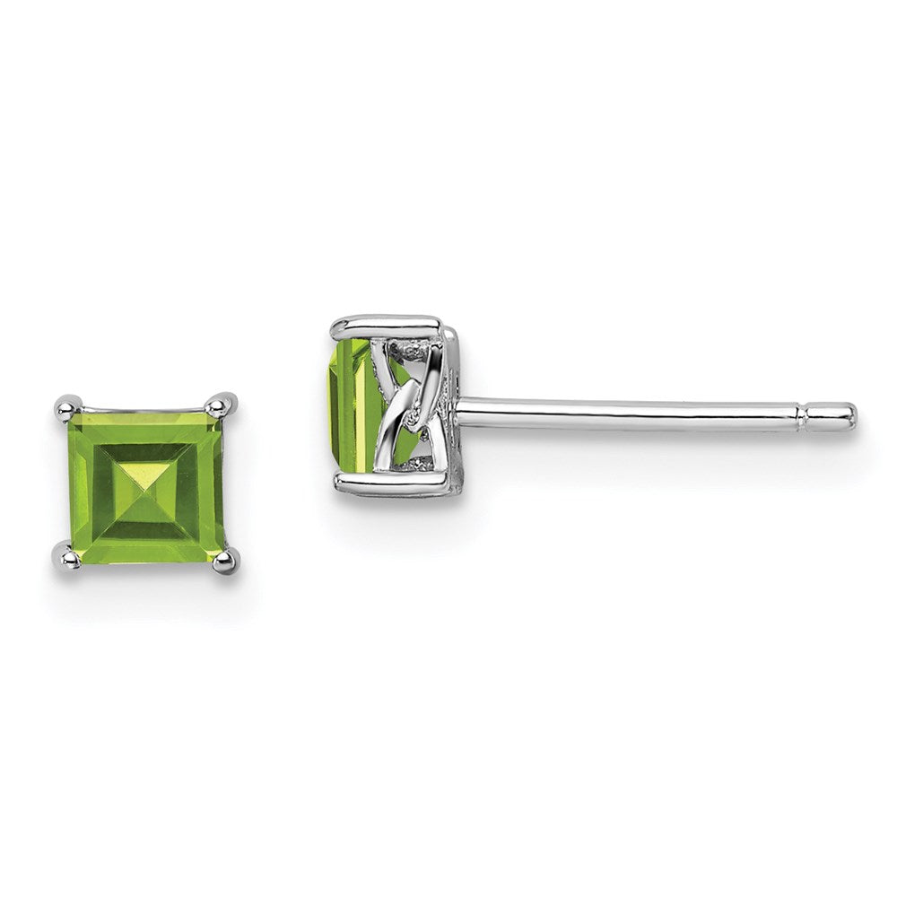 Sterling Silver Rhodium-plated 4mm Princess Peridot Post Earrings