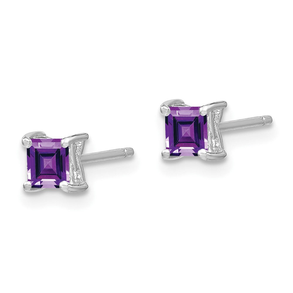 Sterling Silver Rhodium-plated 4mm Princess Amethyst Post Earrings