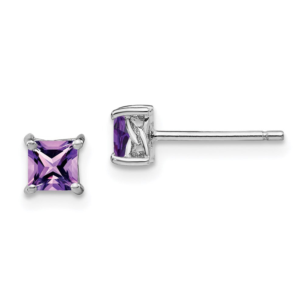 Sterling Silver Rhodium-plated 4mm Princess Amethyst Post Earrings