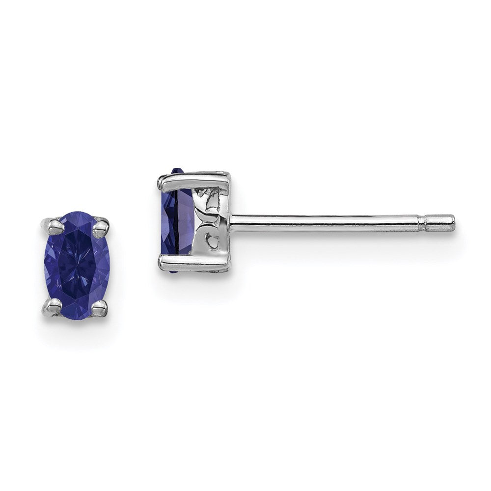 Sterling Silver Rhodium-plated 5x3mm Oval Created Sapphire Post Earrings