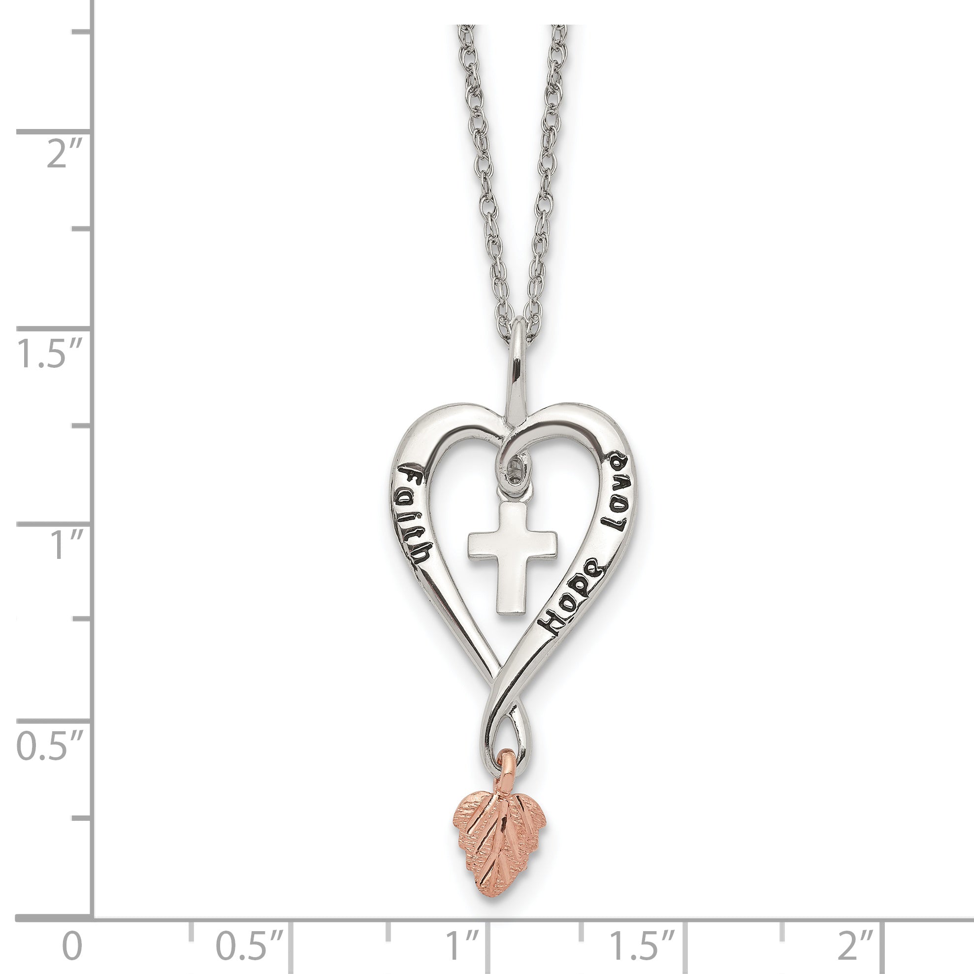 Sterling Silver & 12K Rose Leaf Faith, Hope, Love Heart Necklace QBH180