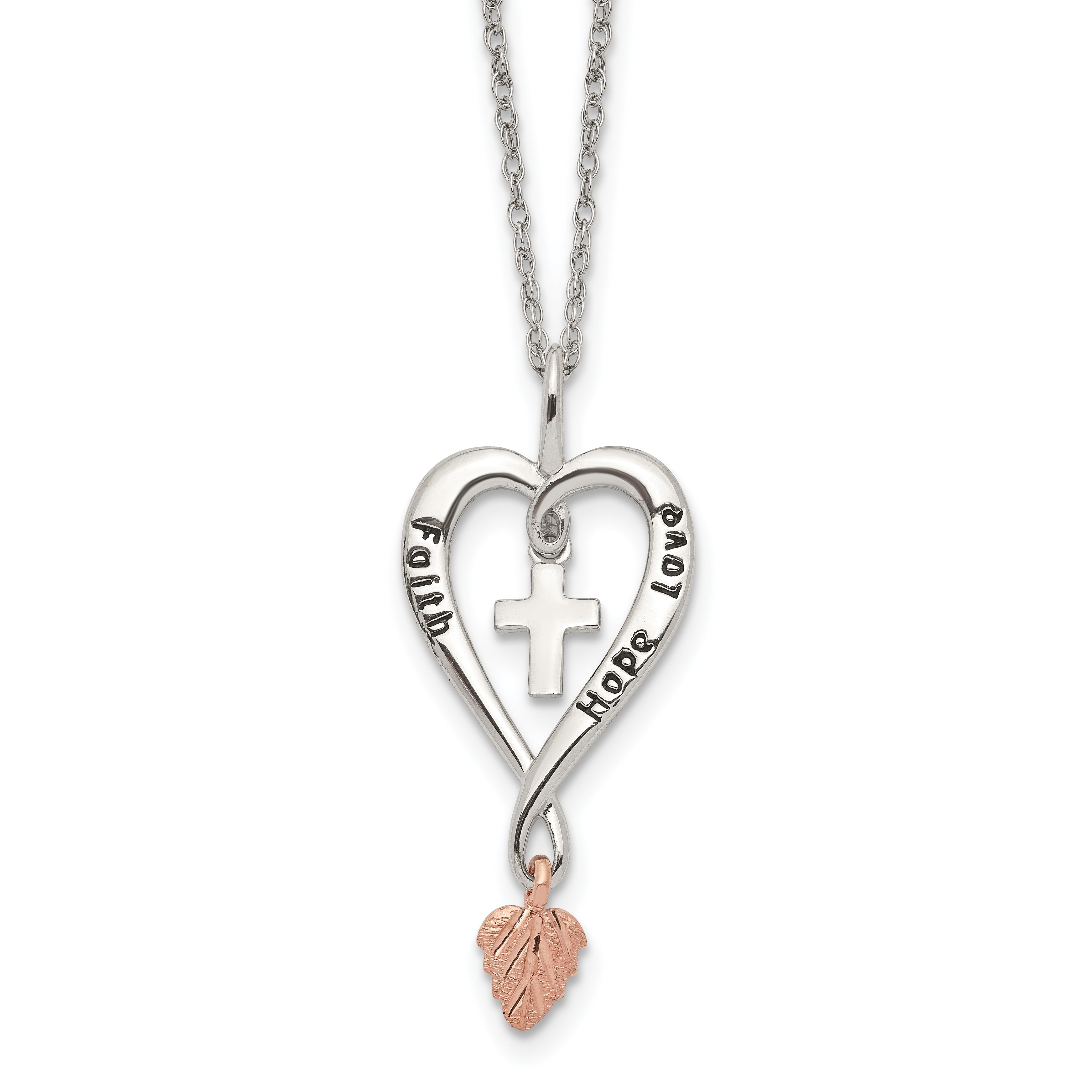 Sterling Silver & 12K Rose Leaf Faith, Hope, Love Heart Necklace QBH180