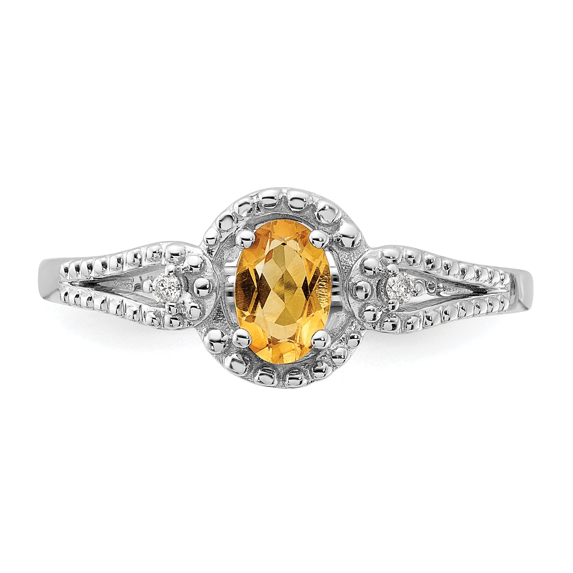 925 Sterling Silver Rhodium-Plated Citrine and Diamond Ring