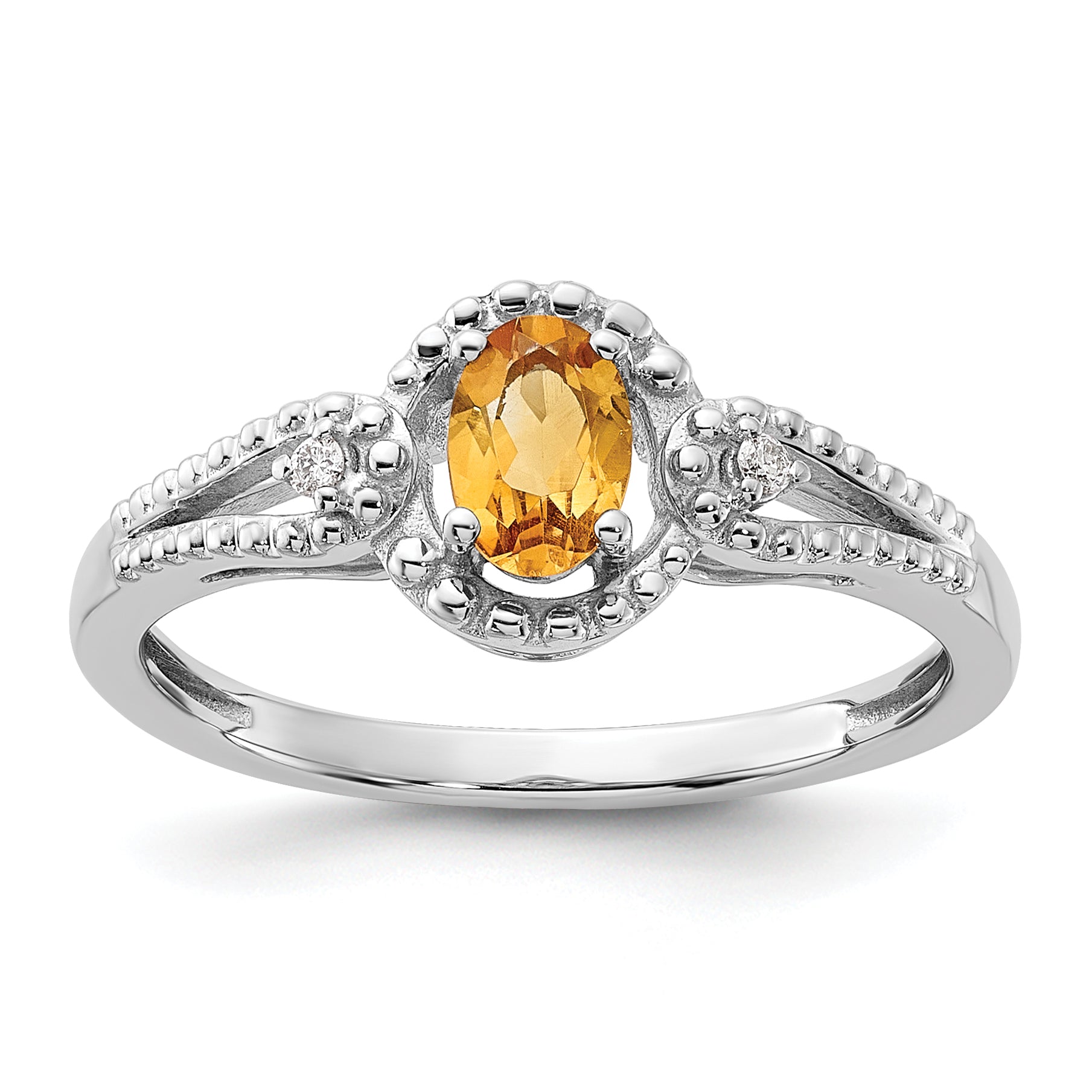 925 Sterling Silver Rhodium-Plated Citrine and Diamond Ring