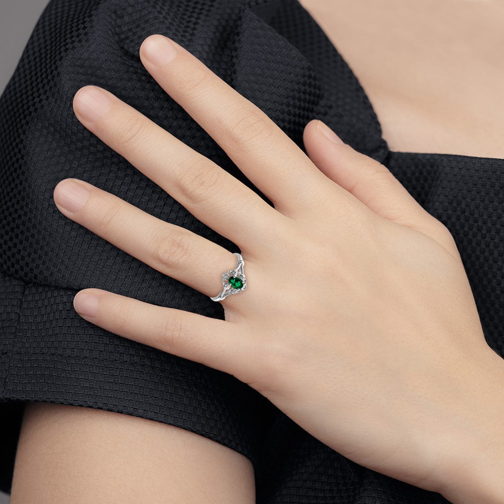 Sterling Silver Rhodium-plated Created Emerald & Diam. Ring