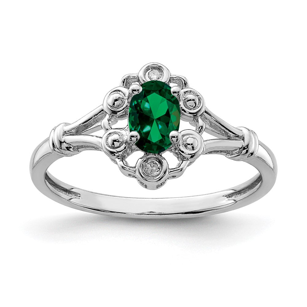 Sterling Silver Rhodium-plated Created Emerald & Diam. Ring